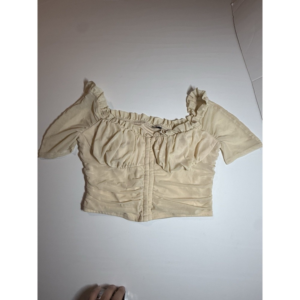 Windsor Beige Off-Shoulder Ruched Cropped Top Mesh Puff Sleeve Stretch Sz Small